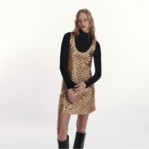 Zara gold sequin knit mini dress BLOGGERS FAVORITE!!!! NWT - Picture 9 of 16